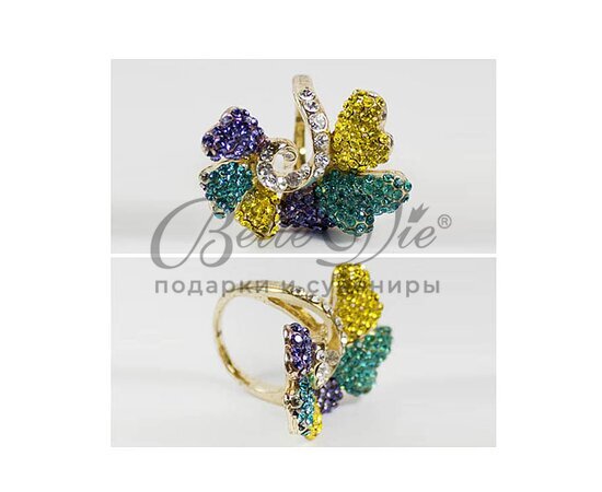 Кольцо зол. цветок в ярких желто-фиолет.-изумрудн. камнях купить оптом в Симферополе, Крыму